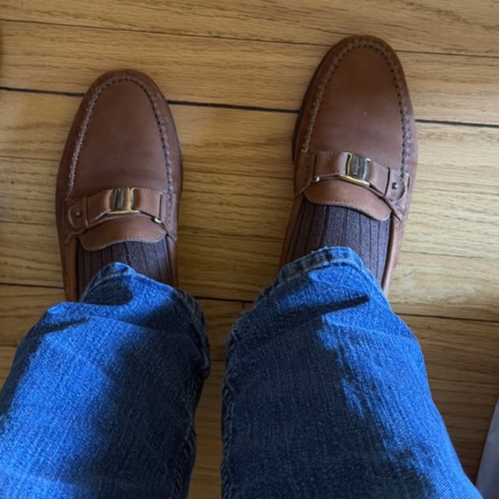 Salvatore Ferragamo Men's Brown Suede Loafers with Gold Accent 8.5D